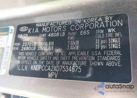 2013 Kia Sportage Ex из США, поврежденный, VIN KNDPCCA2XD7534675